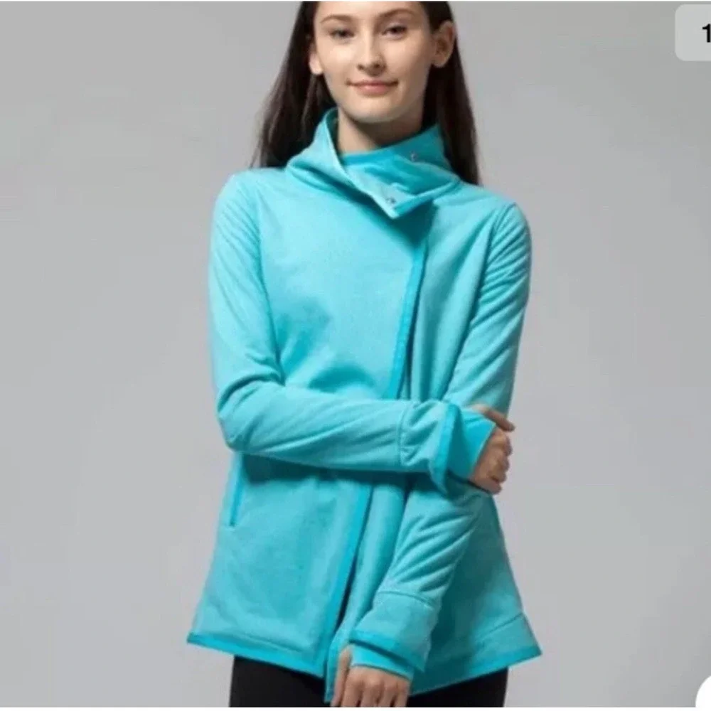 Ivivva Jacket Girls 12 Teal Blue Asymmetric Zip Fleece Lined Funnel Neck Coat